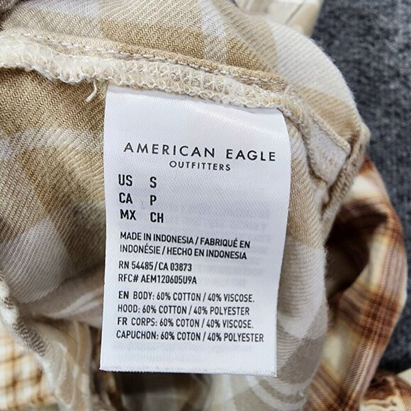 American Eagle Cropped‎ Hooded Multicolor Brown And Tan Flannel Shirt Size Small - Picture 11 of 16